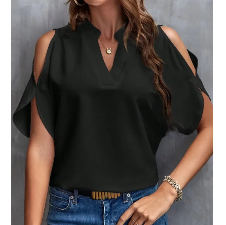 Large Size new summer and autumn women's blouse shirt   fashionable V-neck Solid Tops Short sleeved women's clothing