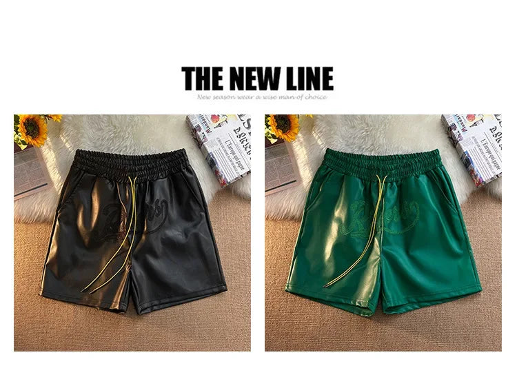Trendy Brand Men's Shorts Environmental Friendly Leather Pocket Zipper Drawstring Casual Fashionable Summer Loose-Fit Pants
