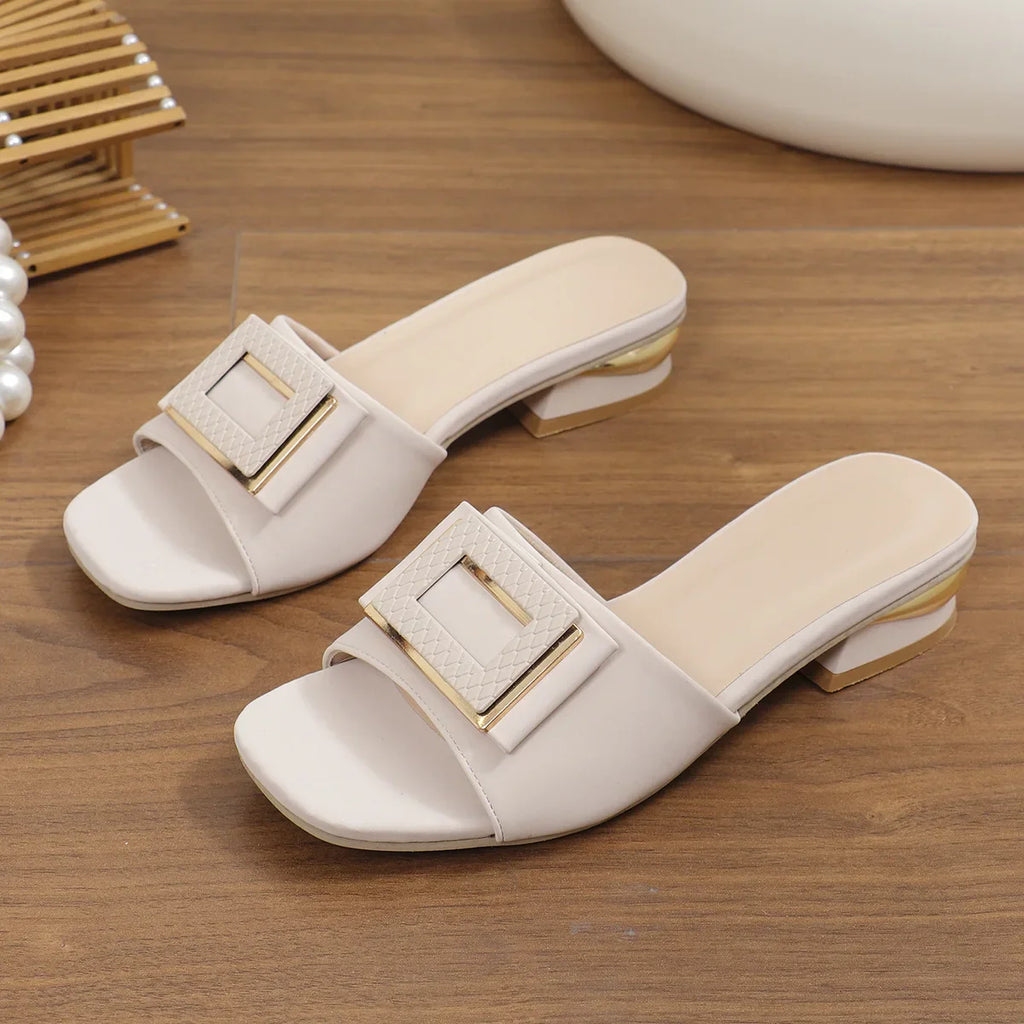 Fashion Women High Heel Slippers Summer Slip on Elegant Low Heel Shoes for Wedding Party Comfortable Non-slip Women's Slippers