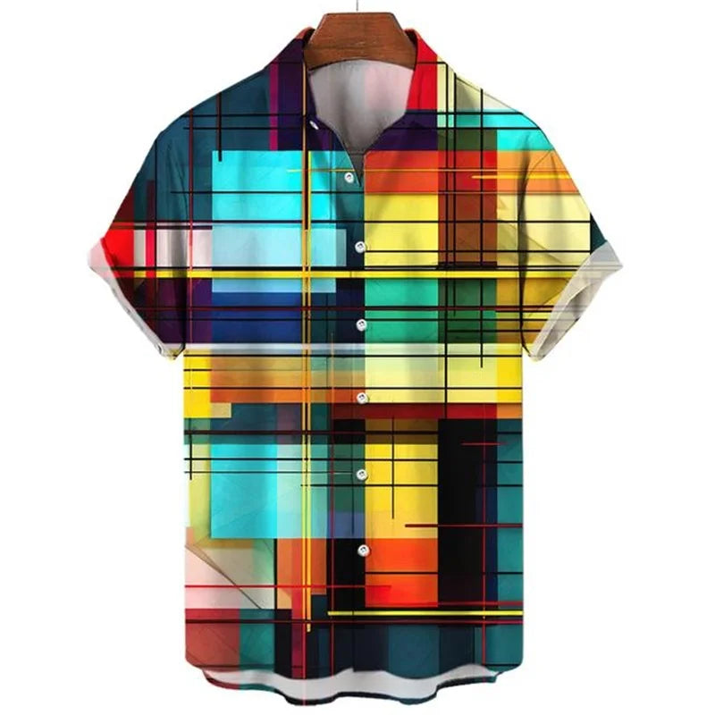 Men Colorful 3d Printed Plaid Shirt Hot Sale Causal Fashion Hawaiian Shirts Loose Short Sleeve Button Beach Blouse Male Clothing