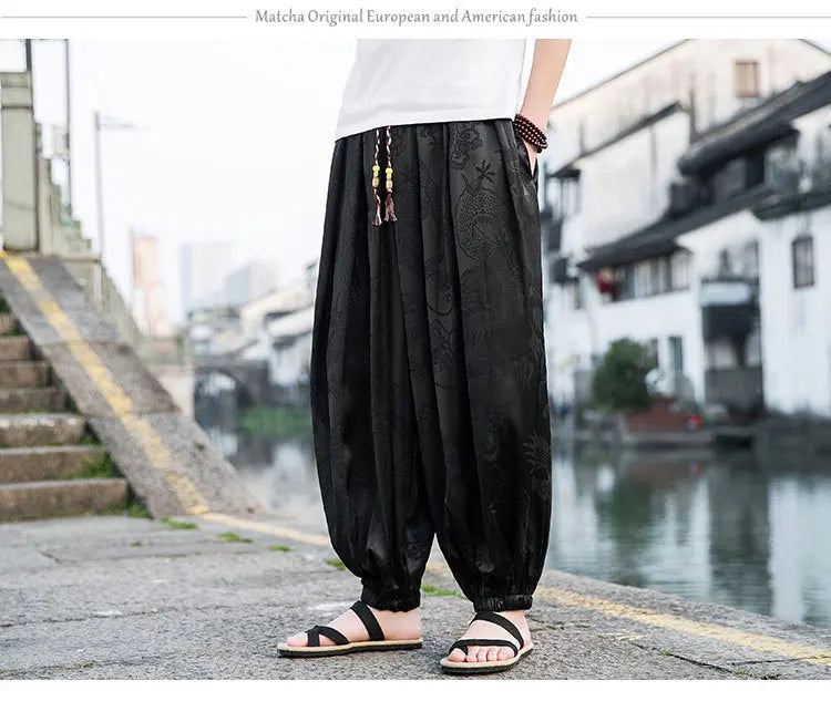 FGKKS 2023 Outdoor Brand Pants For Men Lce Silk Dragon Dark Flower Loose Bloomers High Quality Wide Leg Casual Trousers Male