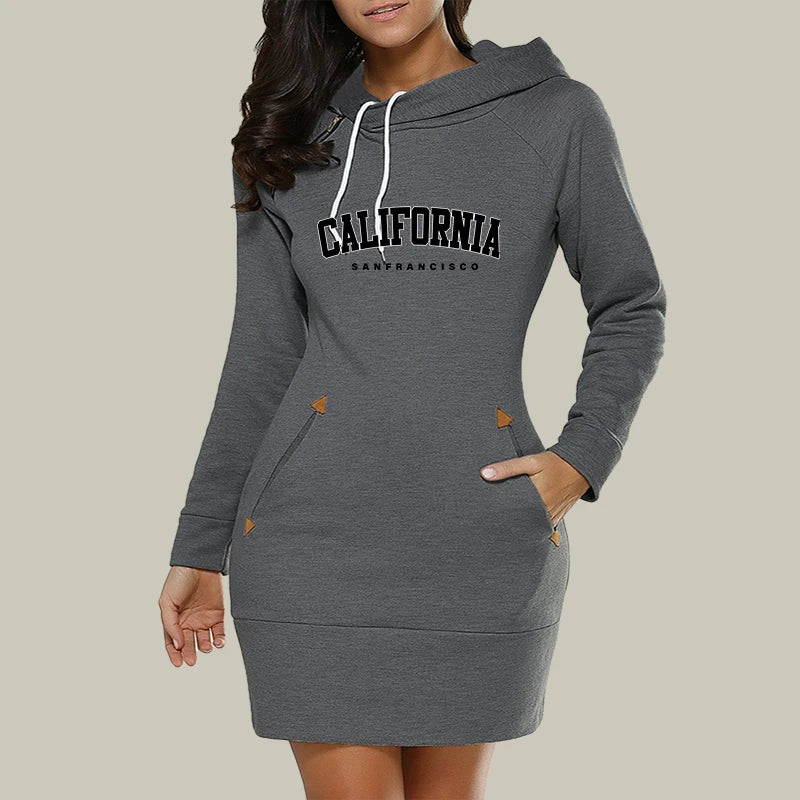 California Womens Dress Neck Side Zipper Fashion Print Long Sleeve Hooded Sports Skirt Hot Sales Casual Knee-Length Dress S-3XL