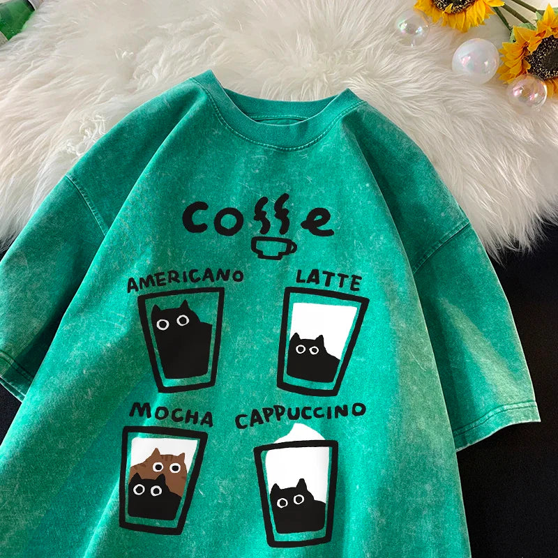 American Retro Trendy Cat Cotton T-shirt Men Women Summer Loose Couple Short Sleeve Tops Harajuku Y2k Vintage Water Washing Tee