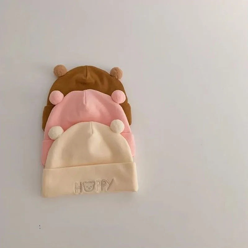 Cute Newborn Fetal Hat Soft Cotton Infant Boy Girls Cartoon Letter Bear Cap Solid Color Spring Autumn Warm Beanie