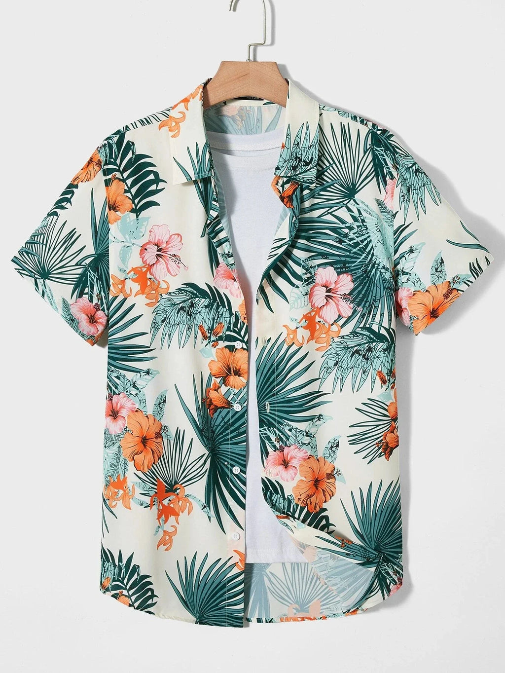 Hawaiian Botanical Flower Print Men's and Women's Short Sleeve Lapel Shirt Seaside Button-Down Shirt Top