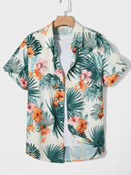 Hawaiian Botanical Flower Print Men's and Women's Short Sleeve Lapel Shirt Seaside Button-Down Shirt Top