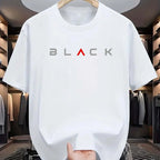 Summer men's 100% pure cotton casual loose fit plus size BLACK letter pattern printed round neck short sleeved T-shirt top