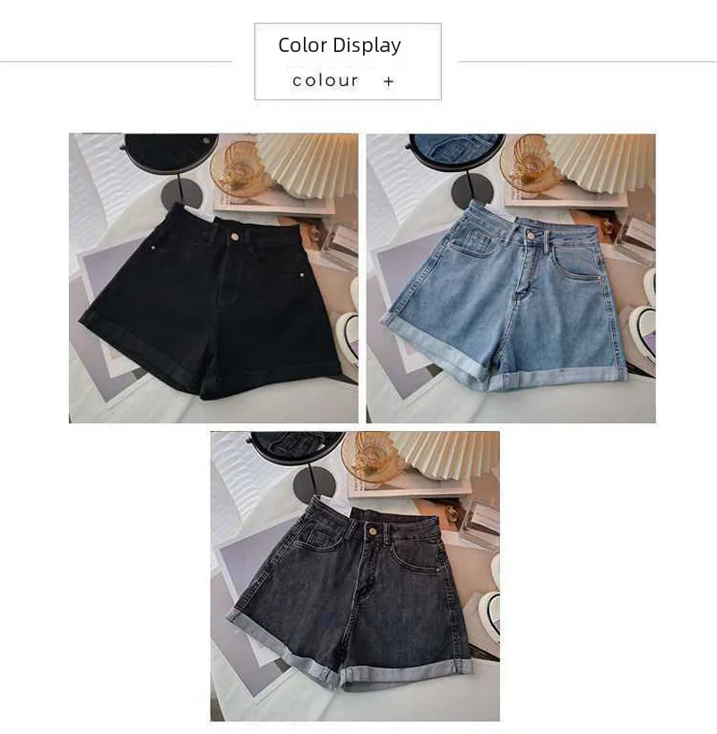 High-waisted Plus-size Women Jeans Student Casual Versatile Trendy A- line Hot Pants Cotton Material Straight Cylinder Style
