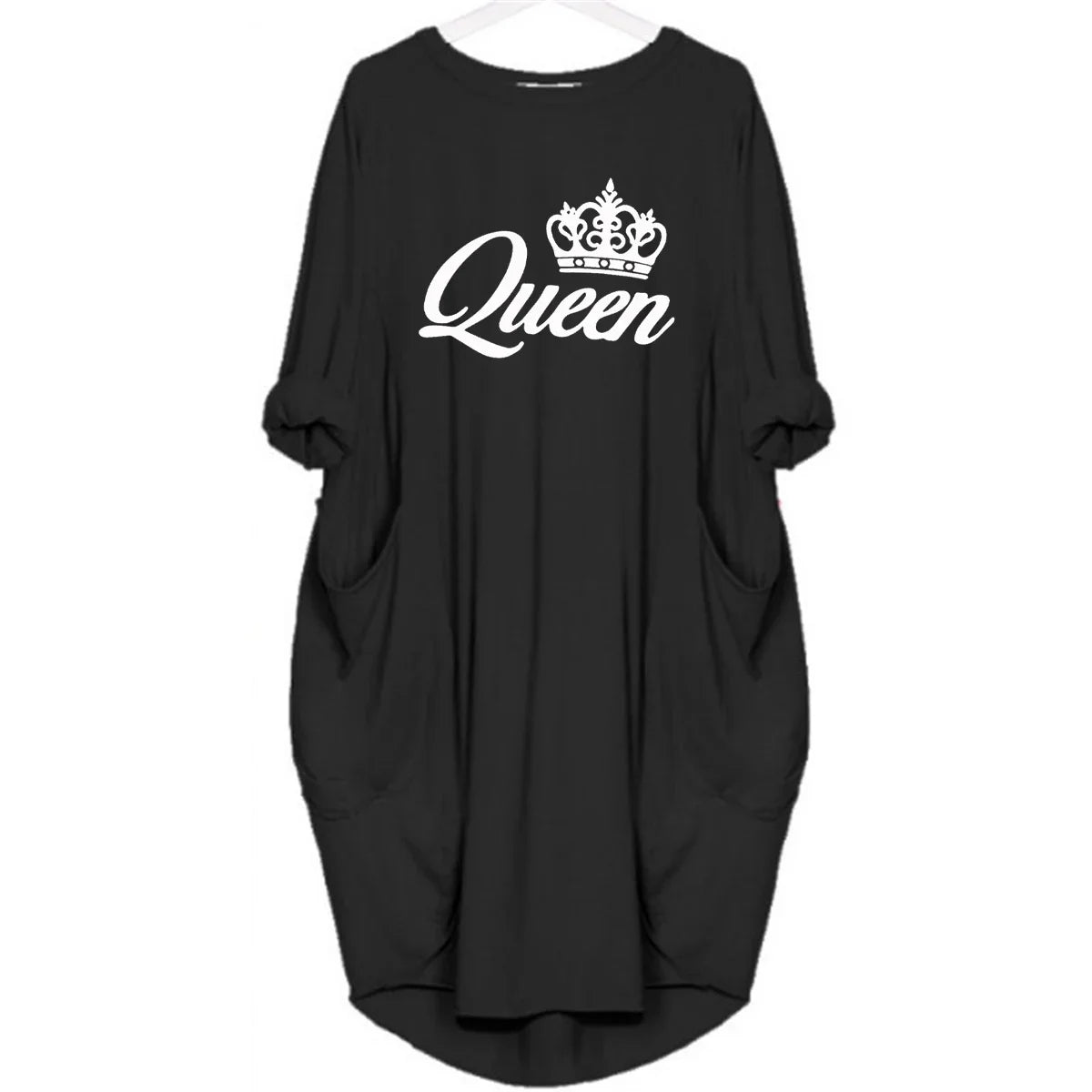 Women's spring and summer casual loose plus size QUEEN printed round neck long sleeved pocket dress streetwear