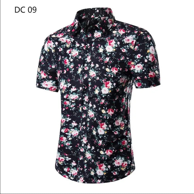 Summer New Men's Short Sleeved Shirt Thin Collar Hawaiian Style Floral Shirt Vacation Series Men's Shirt