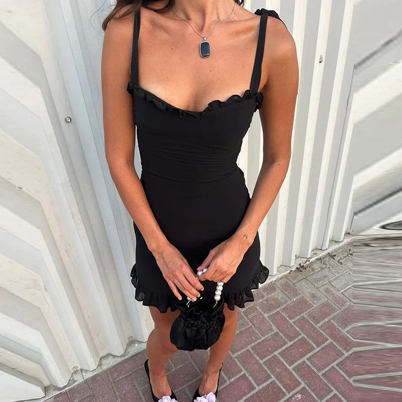 Hugcitar 2024 Elegant Solid Slips Ruffles Backless Bandage Patchwork Sexy Slim Mini Dress Women Outfits Birthday Party Vacation