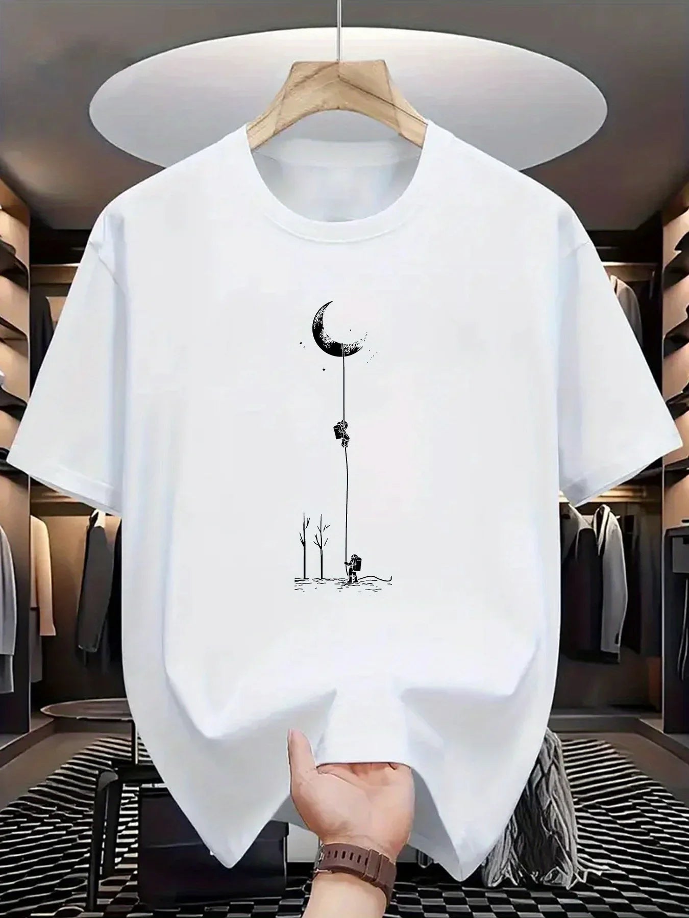 Summer men's 100% pure cotton casual loose fit plus size moon landing pattern printed round neck short sleeved T-shirt top