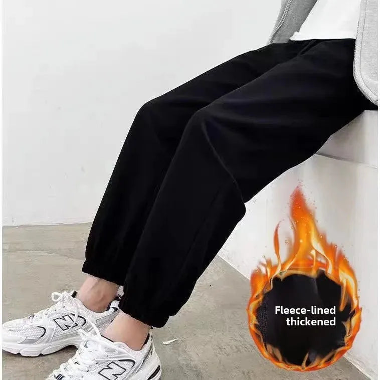 Women's Autumn Winter Casual Sports Loose Slimming Versatile Fleece-lined Outerwear Straight-leg Cuffed Pants Carrot Sweatpants