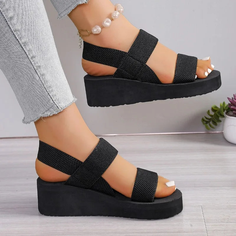 Women's Fashion Trend Anti-slip Wear-resistant Pure Black Belt Soft Soled High-heeled Sandals