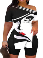 LW Plus Size Two piece set Figure Print Striped Split Pants Set One Shoulder Long Sleeve sexy women suit Streetwear Tracksuit