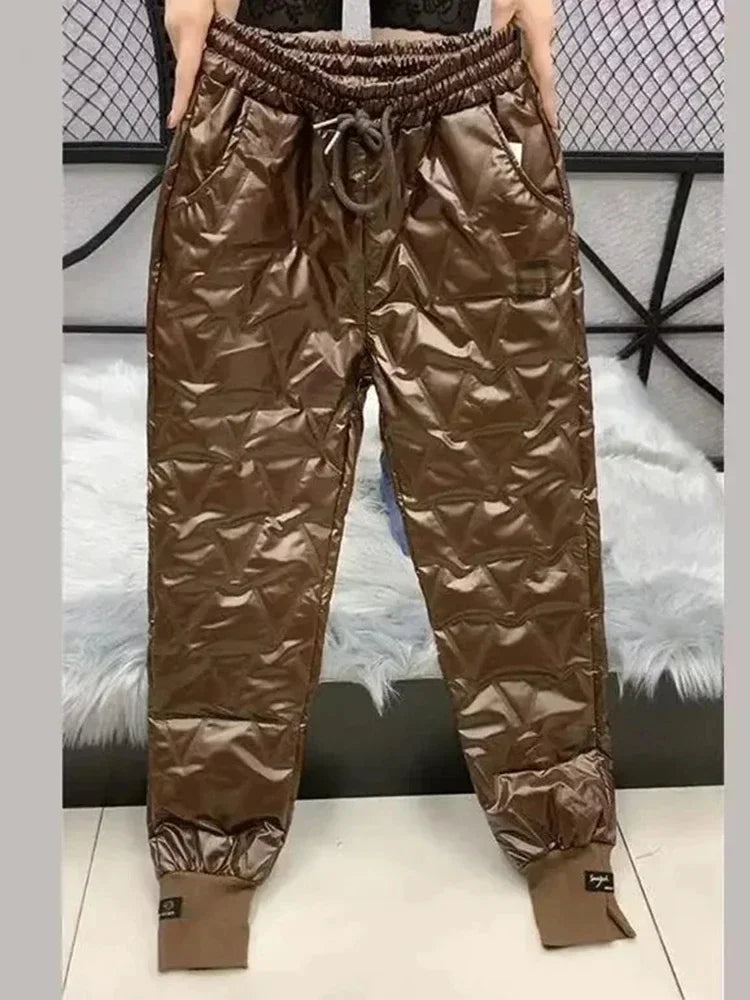 Winter Oversized Down Cotton Pencil Pants Warm Korean Fashion Slim Thick Women Pantalones Casual High Wais Black Trousers 4XL