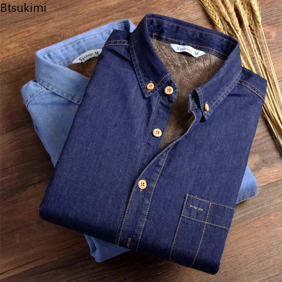 New 2025 Autumn Winter Warm Denim Jeans Dress Shirt Men Fleece Lined Velvet Shirts Button Down Brand Male Bottoming Men's Shirt