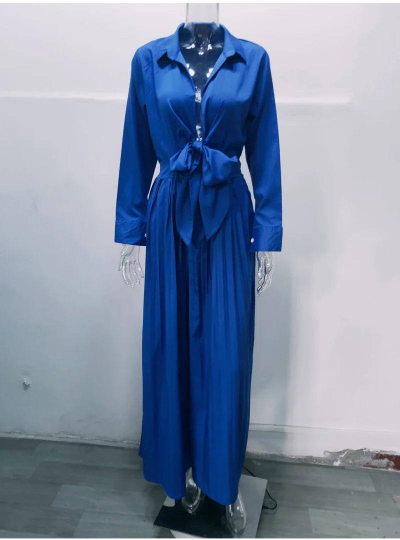 Autumn Winter Fashion V-neck Long Sleeve Elegant Blouse Print Lapel Top Women Solid Color Loose Casual Wide Leg Jumpsuit