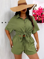 GIBSIE Plus Size Holiday Two Piece Set Women Summer Short Sleeve Button Down Shirt With Pockets Solid Elastic Waist Shorts Sets
