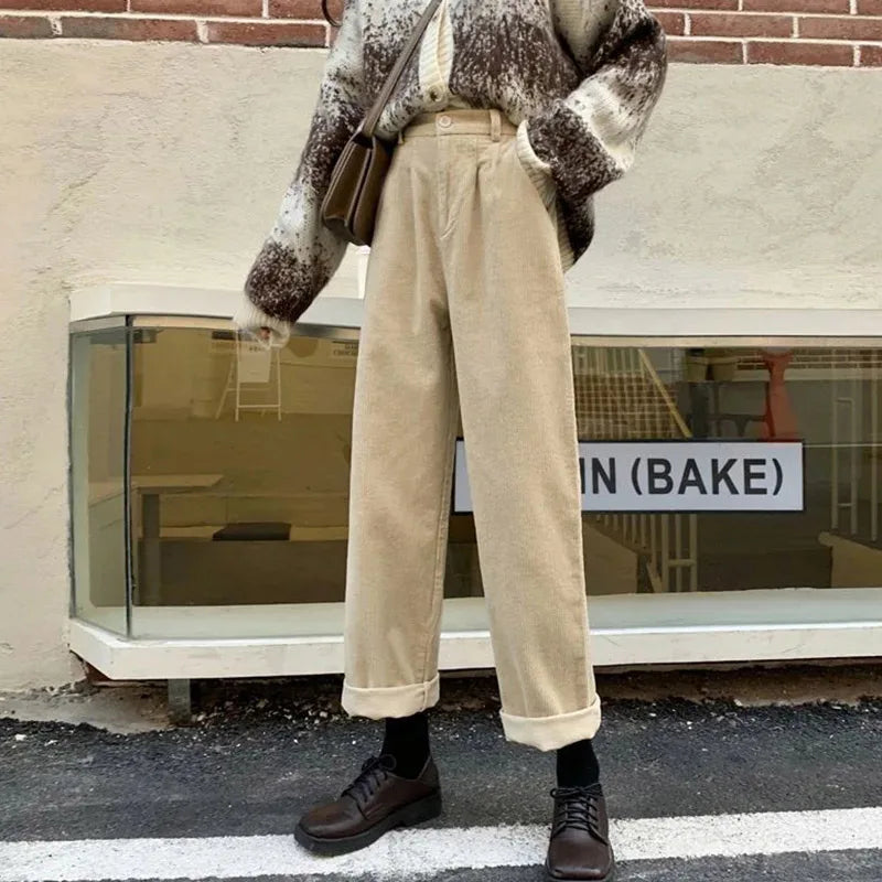 Vintage Corduroy Wide Leg Pants Women High Waist Pockets Baggy Trousers Streetwear Korean All Match Black Casual Straight Pants