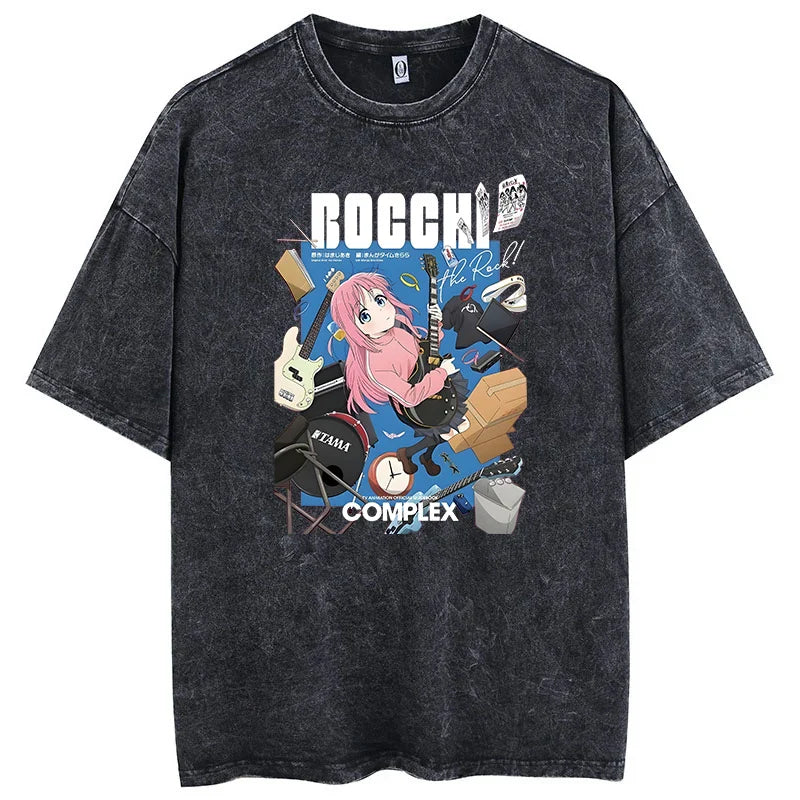 Men Oversized Printed Tshirts Bocchi Club Music Band Anime Bocchi The Rock Cotton Tops Creative Crew Neck Tees Washed TShirt