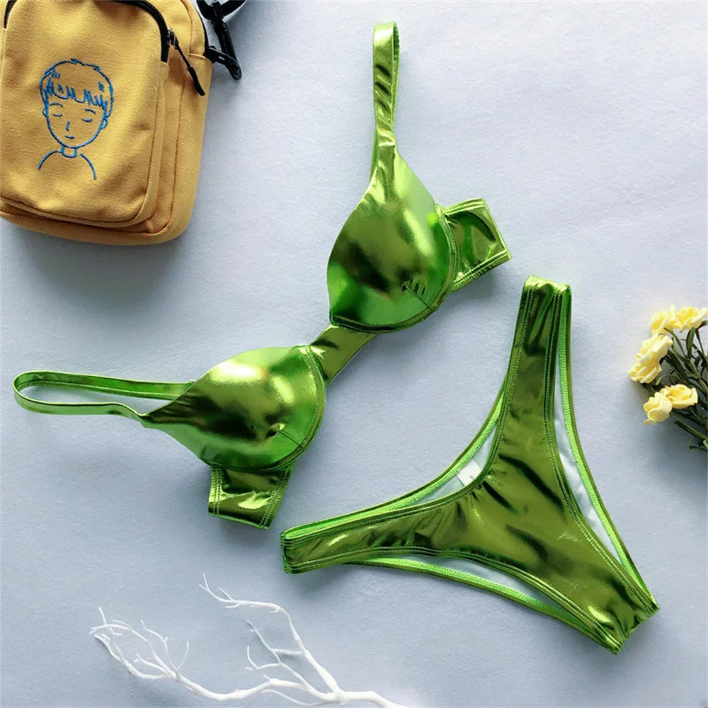 Gold Bikini Push Up Bra Women Trend Y2K Swimwear Glossy Metallic Beach Outfit Swimsuit Bath Suit Club Micro Bikinis Tangas Mujer