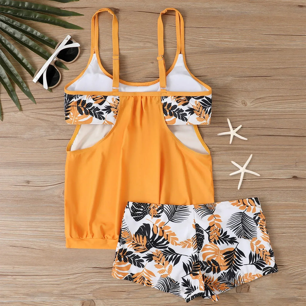 Women's Sexy Slim fit printed suspenders slit boxer shorts bikini plus size swimsuit two piece comfortable pretty swimwear swims