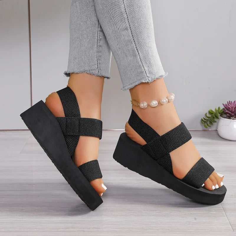 Women's Fashion Trend Anti-slip Wear-resistant Pure Black Belt Soft Soled High-heeled Sandals