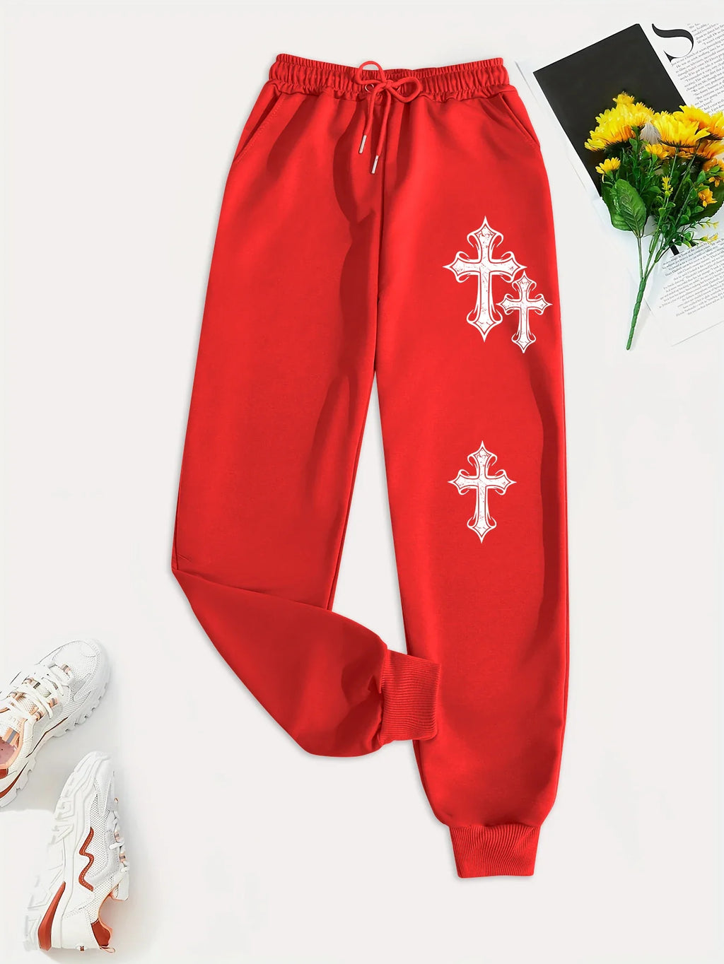 Crucifixion Printing Women'S Autumn Casual Basic Pants Versatile Pocket Drawstring Fashion Trousers Trendy Street Pant Female