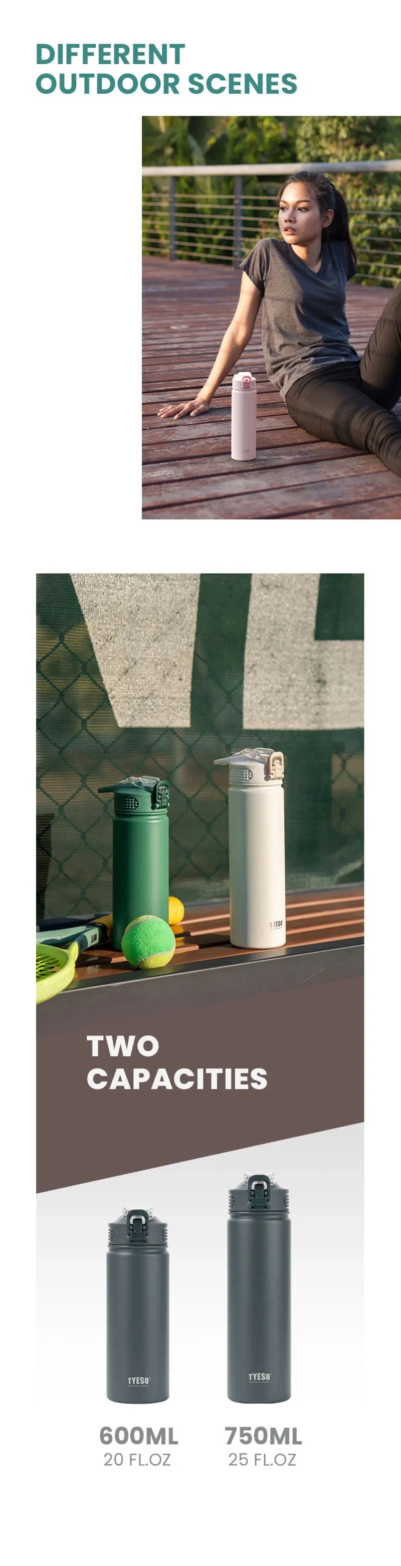 Tyeso 600ML/750ML Stainless Steel Thermos Bottles Car Insulated Cups with Straw Keeps Cold and Heat Portable Sport Thermal Mugs