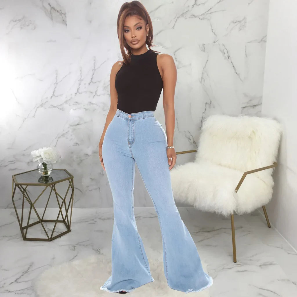 Women Jeans Flare Pants Sexy Denim Long Pant Hip Wrap Casual Solid Elegant Splice Regular Slim Fit High Waist Trousers Summer