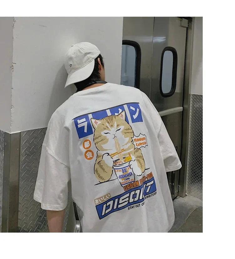 Harajuku Cat Cartoon Eating Noodles Graphic Men Women Tshirts Casual Short Sleeve Tees Japan Style Oversized T Shirt Clothing