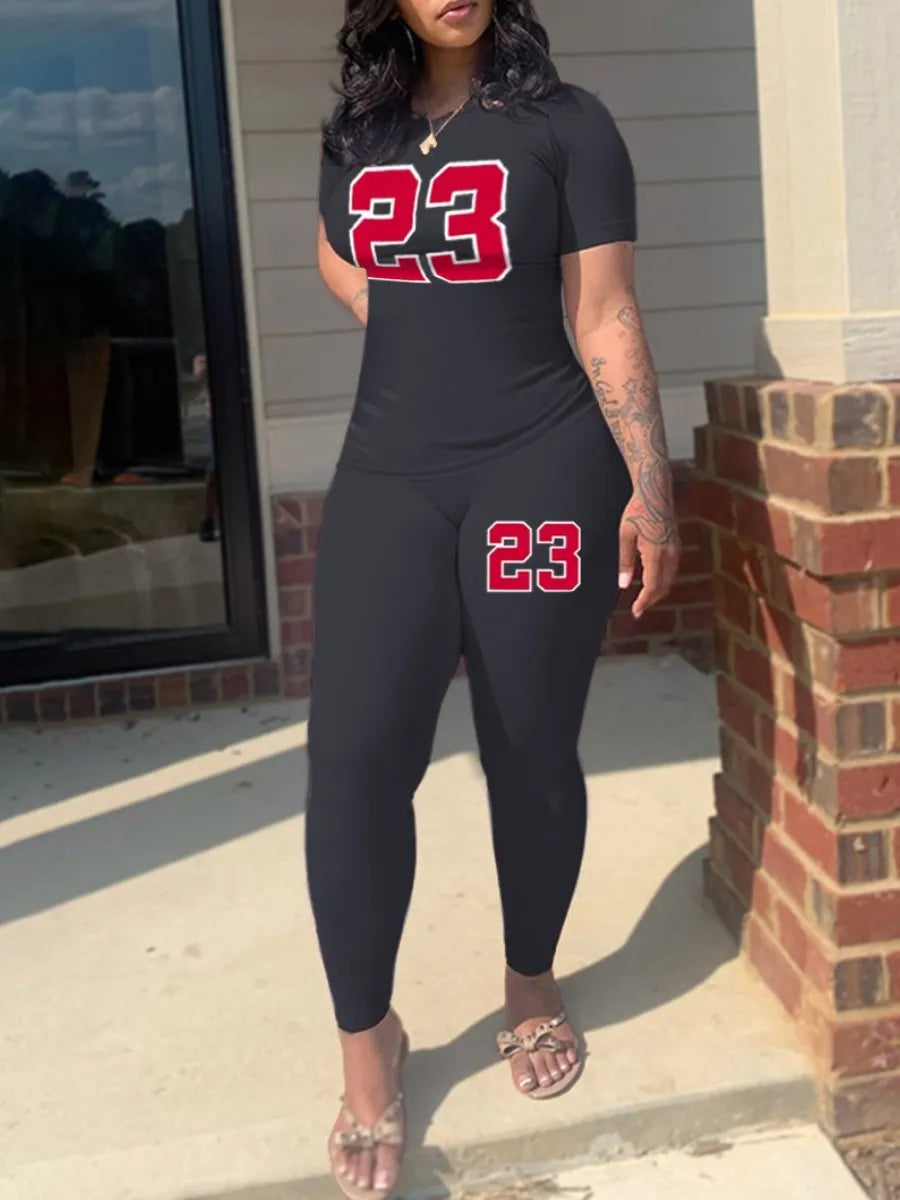 LW Plus Size Letter Print Pocket Design Pants Set Pullover Short Sleeve O Neck Top&Sheath Elastic Waist Trousers Fitness 2pc