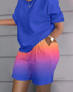 Fashion Casual Women's Shorts Short Sleeve Suit Gradient Letter Print Summer Suit T-shirt + Shorts 2 Pieces Plus Size Dress