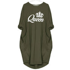 Women's spring and summer casual loose plus size QUEEN printed round neck long sleeved pocket dress streetwear