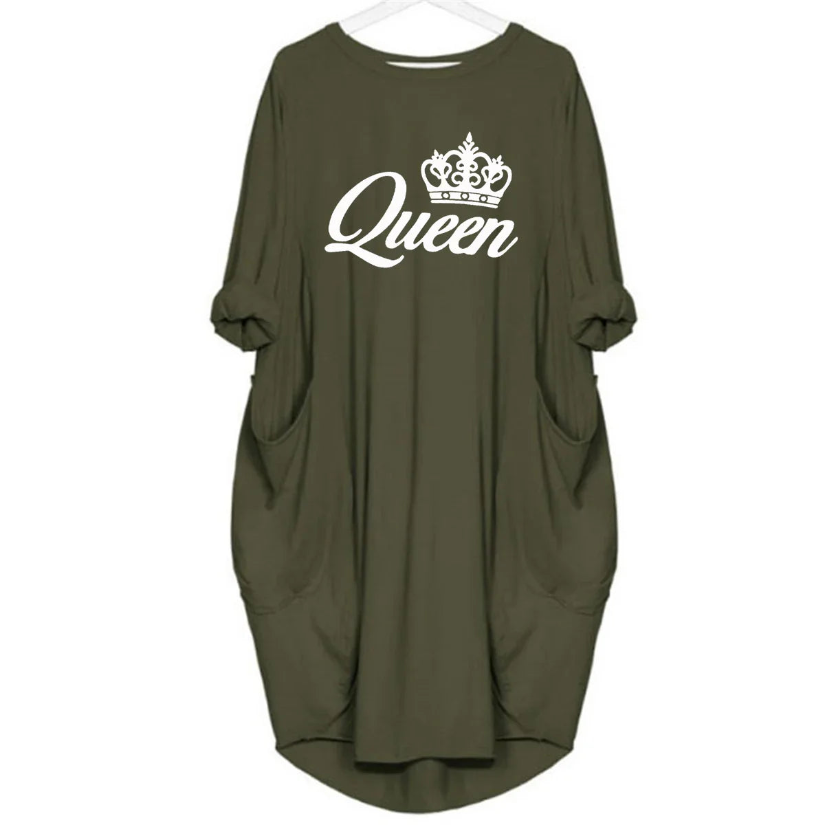 Women's spring and summer casual loose plus size QUEEN printed round neck long sleeved pocket dress streetwear