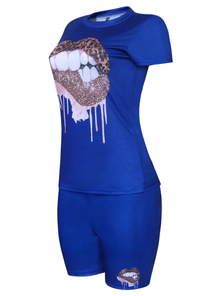 Wmstar Plus Size Two Piece Outfits for Women Tracksuit Shorts Sets  Lip Print Top Casual New In Matching Wholesale Dropshipping