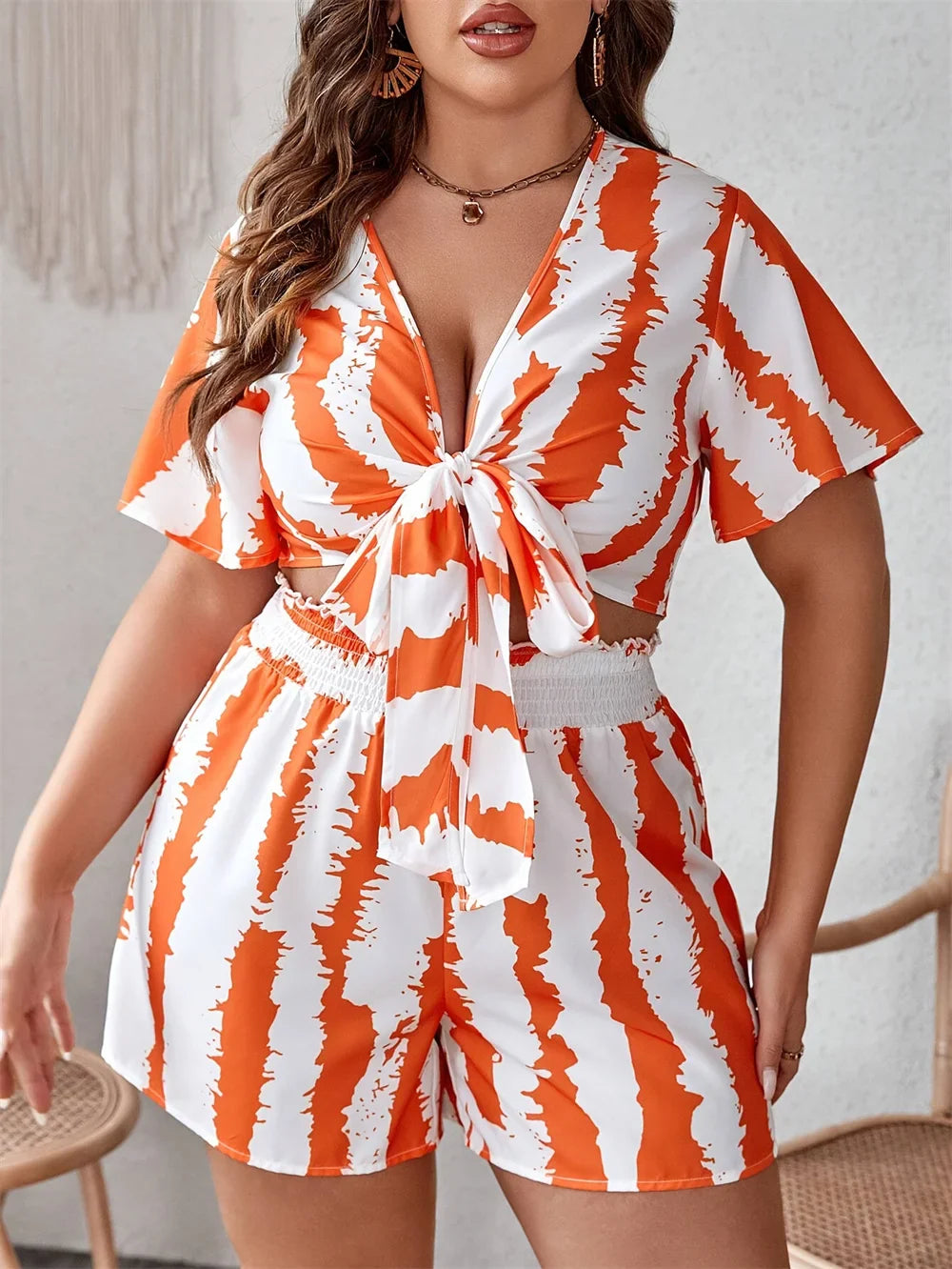 GIBSIE Plus Size Boho Beach Vacation Summer Two Piece Set Women's Casual Print Deep V-Neck Crop Top And Shorts Sets Women Outfit