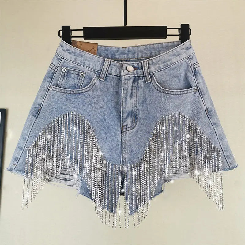 Chain Jeans Women's 2022 Summer New High Waist Slim Sexy Shorts Heavy Beading Ladies Denim Shorts Women Fashion