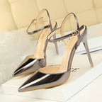 Women 10.5cm High Heels Sandals Lady Metallic Gold Silver Patent Leather Stripper Strap Sandles Wedding Fetish Nightclub Shoes