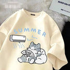 Summer Japanese Cartoon Cute Cat Fun Print Short Sleeve T-shirt Women's Loose Casual Half Sleeve Soft Bottom Plus Size Shirt Top