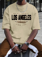 Summer men's 100% cotton comfortable casual loose plus size LOS ANGELES printed sports round neck short sleeved T-shirt top