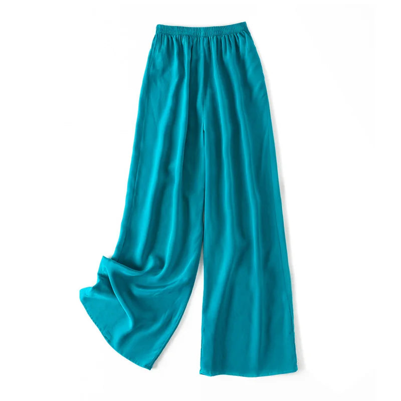 SuyaDream Women Wide Leg Pants 100%Real Silk Solid Elastic Waisted Ankle-length 2024 Office Spring Autumn Chic Trousers Black