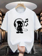 Summer men's 100% cotton casual loose fit plus size music themed printed comfortable sports round neck short sleeved T-shirt top