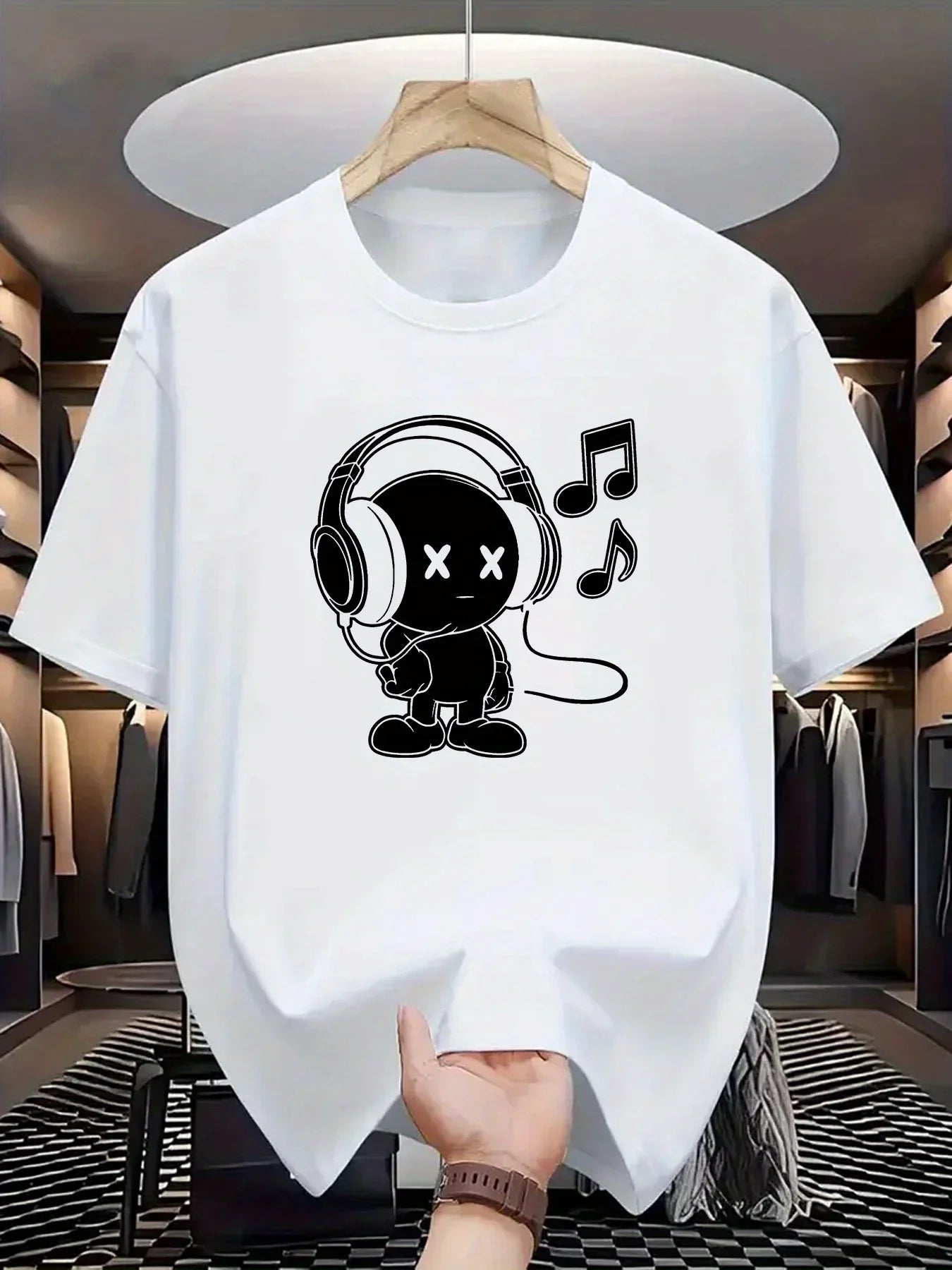 Summer men's 100% cotton casual loose fit plus size music themed printed comfortable sports round neck short sleeved T-shirt top