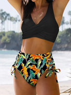 Floral Print V Neck Bikini Sets, Tie Back Tie Side Cut Out High Waist High Cut Two Pieces Swimsuit, Women's Swimwear & Clothing