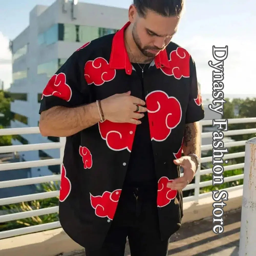 Japanese anime Printed Shirt Men Summer Vintage Short Sleeve Button-Up Tops Casual Hawaii Vacation Clothing Fashion Streetwear