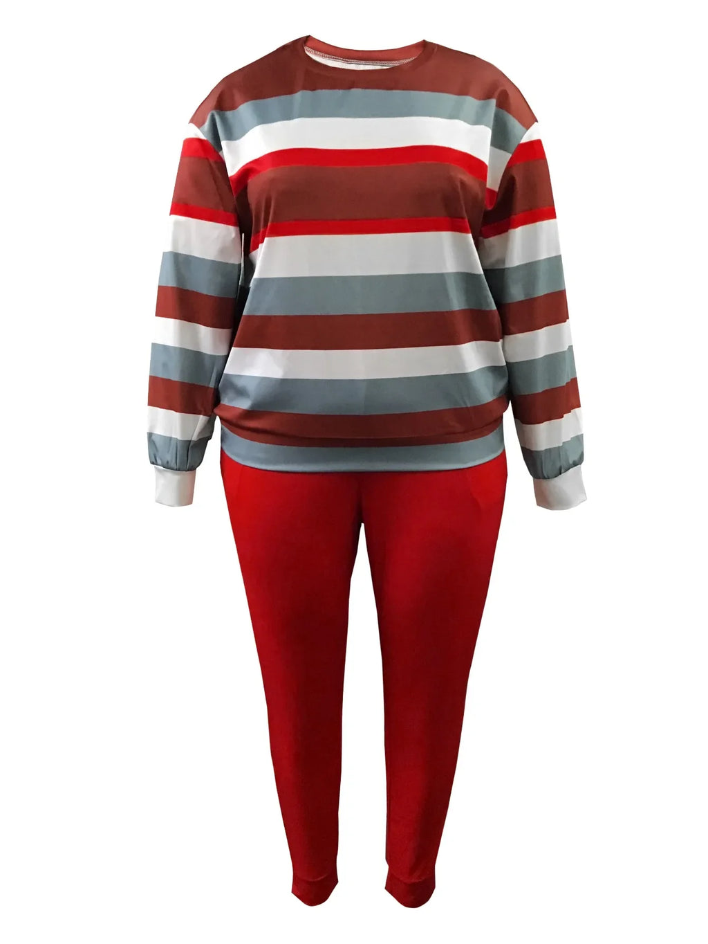 XL-5XL LW Plus Size Striped Patchwork Pants Set Women Long Sleeve Legging Set Round Neck Casual Two Piece Outfit Tracksuit