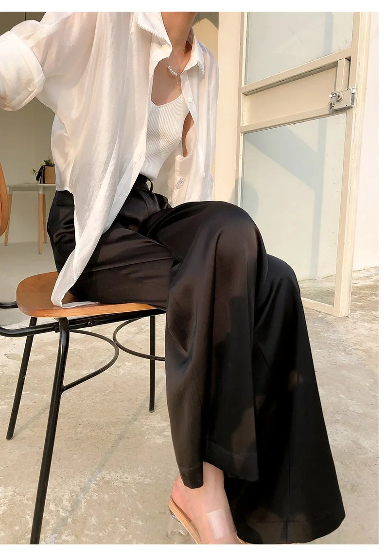 Garemay Summer Autumn Women's Pants Loose Solid Classic Black Straight High Waist Casual Silk Satin Wide Leg Trousers for Women