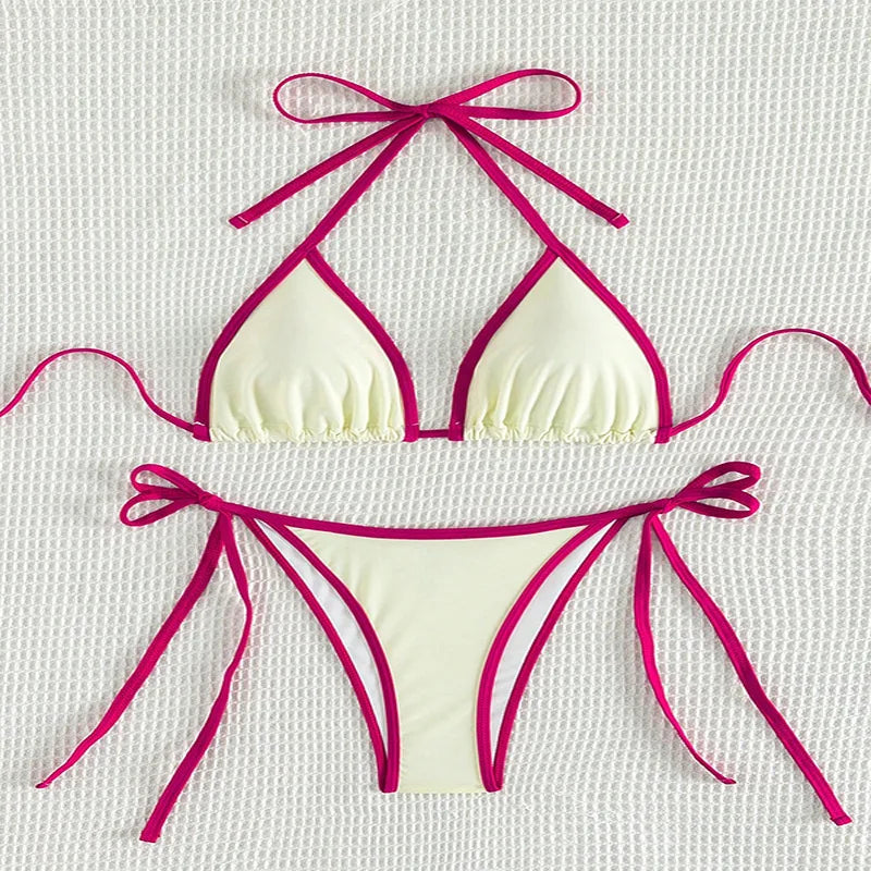 Contrasting Colors String Micro Thong Bikinis Sets Sexy Swimsuit Women 2025 Halter Mini Swimwear Biquinis Beachwear Bikini Mujer